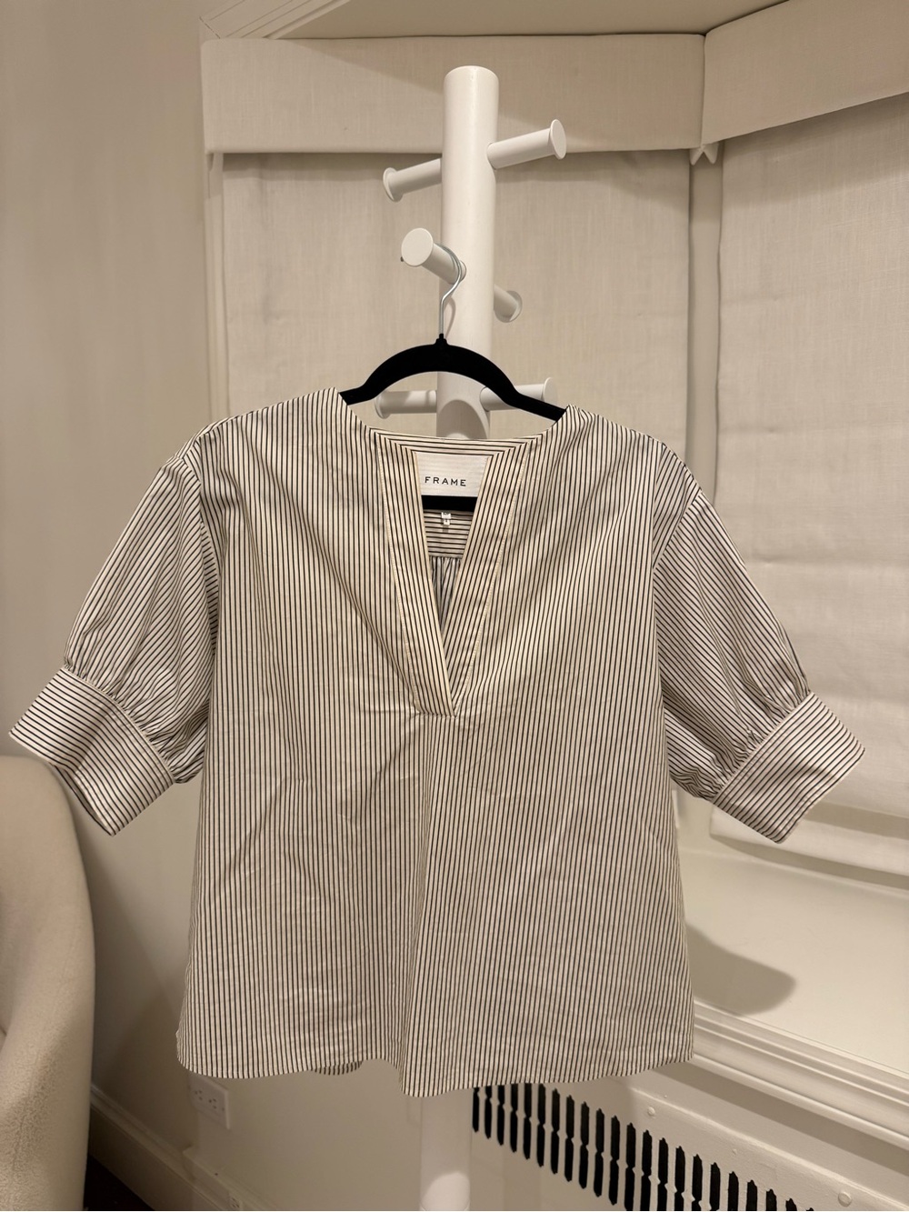 FRAME Striped V-Neck Blouse in White and Black